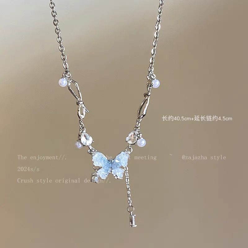Wholesale Ice Crystal Gradient Pearl Butterfly Tassel Necklace Clavicle Chain